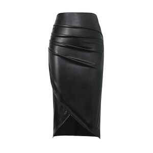 SOLD- NWT Micas Black Faux Leather High Waist Ruched Wrap Midi Skirt